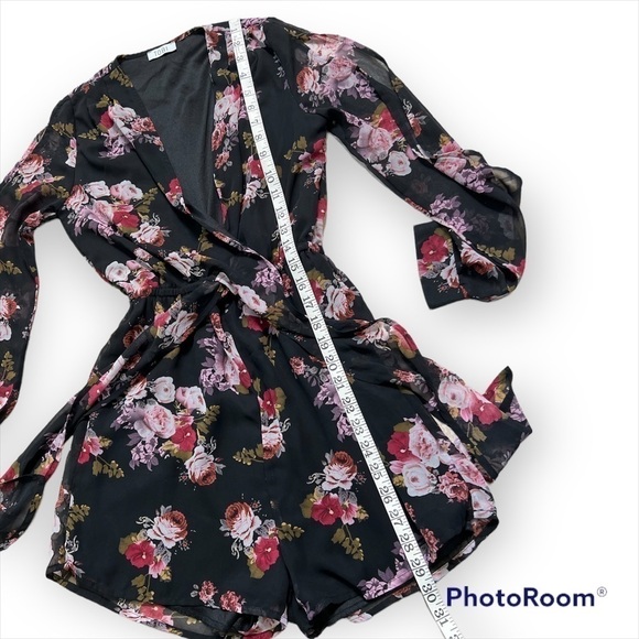 Tobi chiffon floral print faux wrap romper, long slit sleeve, lined, XS - Picture 9 of 12